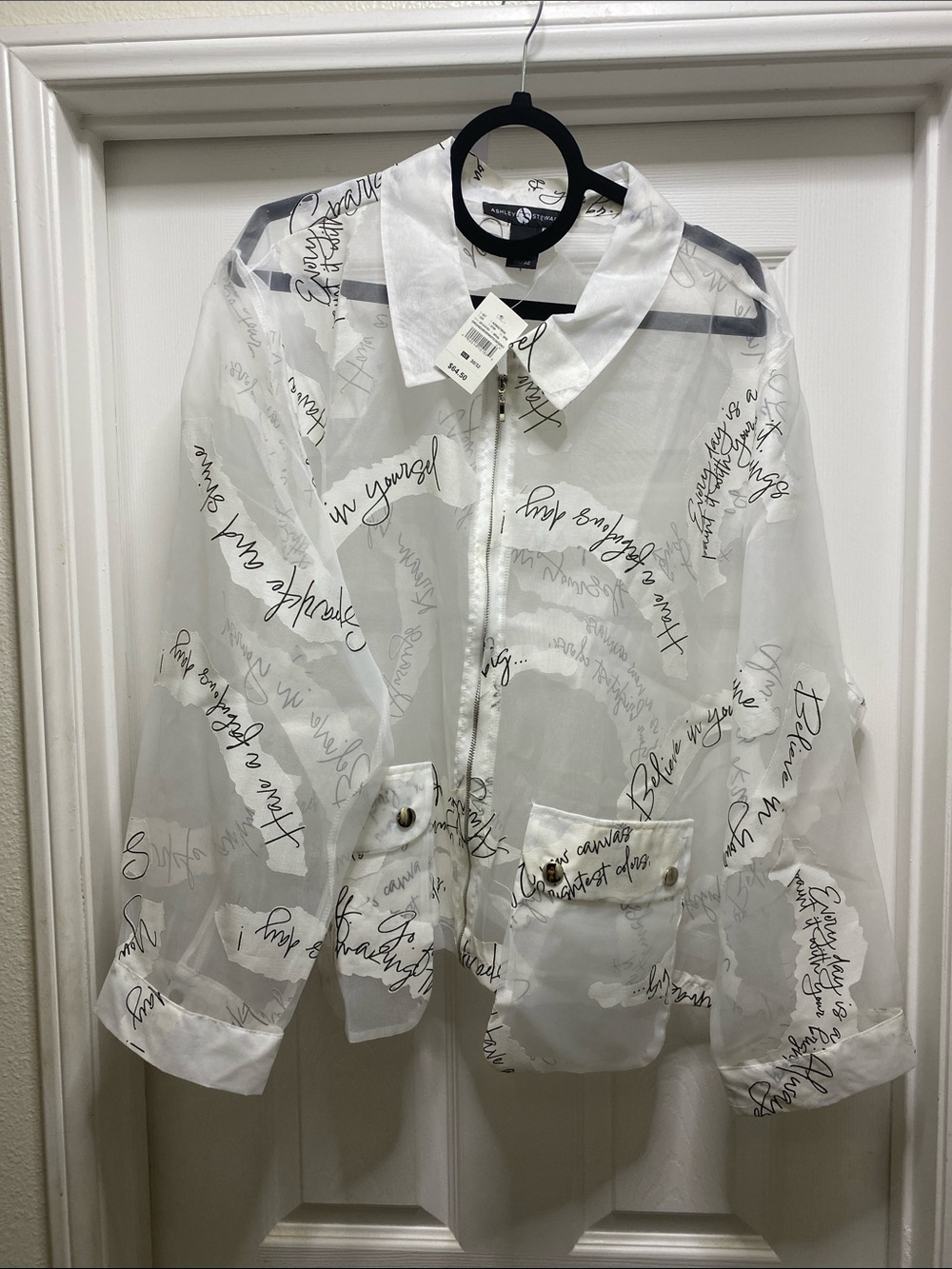 Ashley Stewart Sheer White Script-Print Zip Front Jean Jacket